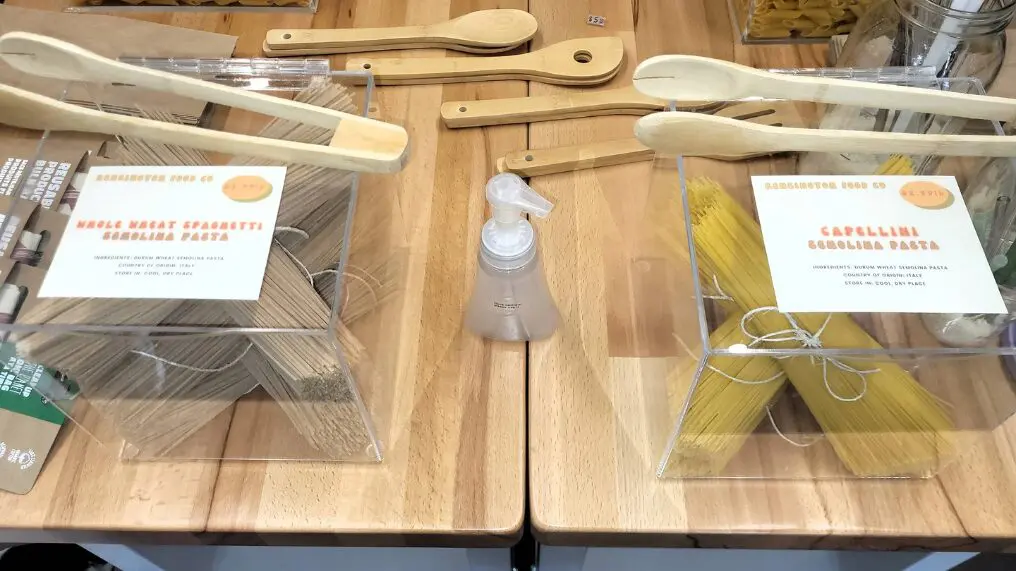 Kitchen utensils and pasta variety display